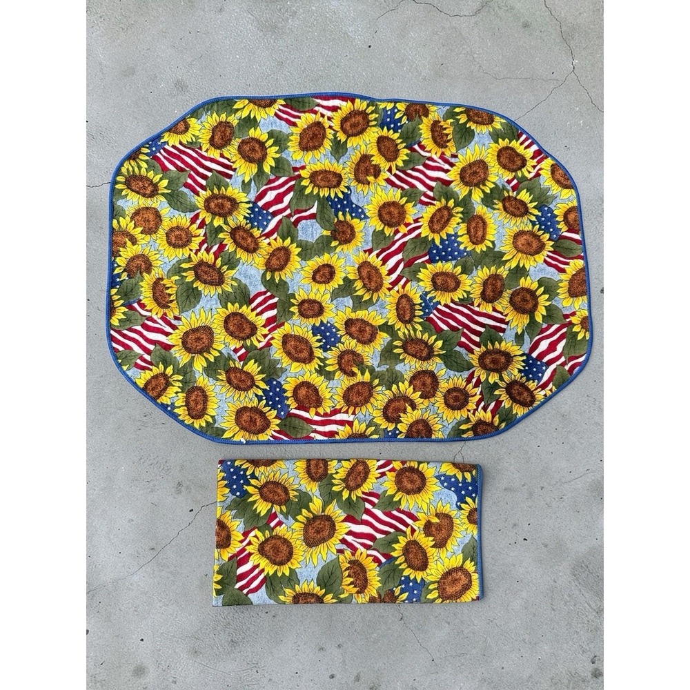 Sunflowers & American Flag Blue Cotton Placemats and Napkins Vtg Gathering 14 pc